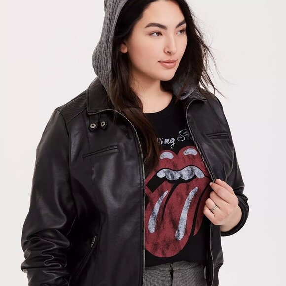 Black Faux Leather Hooded Bomber Jacket - Torrid - Picture 1 of 6